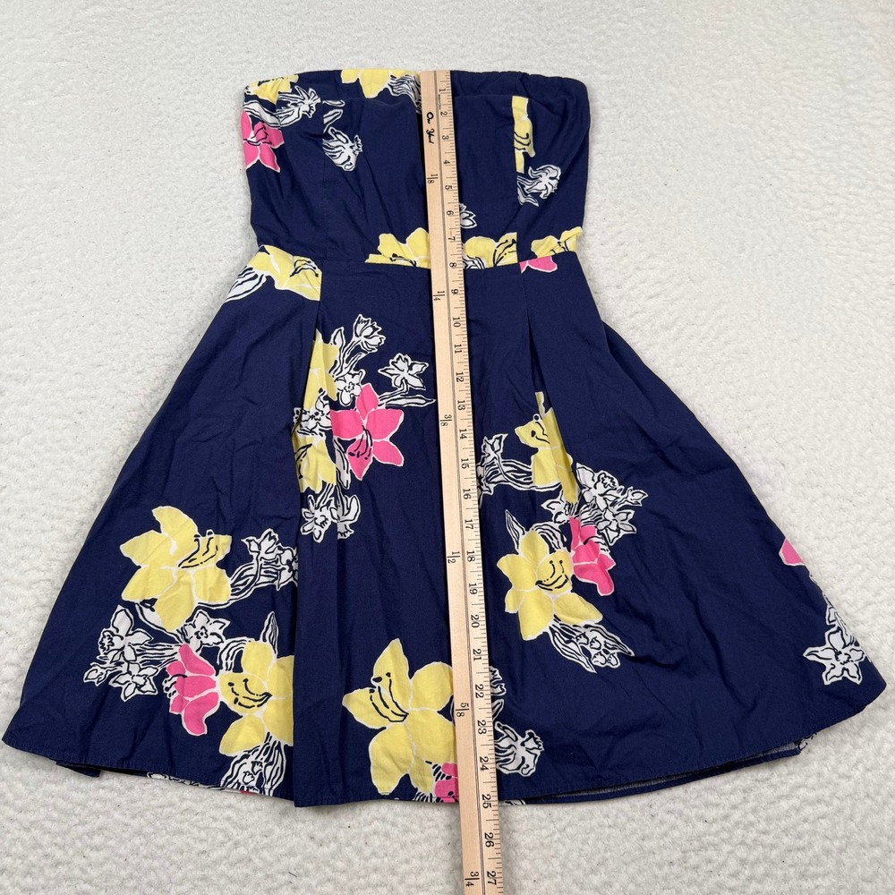Lilly Pulitzer Strapless Dress 2 Navy Blue Floral Fit Flare Cotton Cruise Beach - Picture 11 of 13